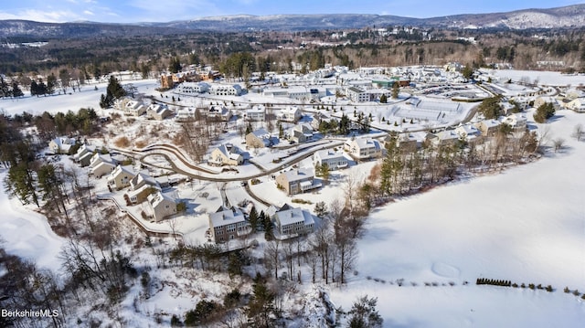 snowy aerial view with a mountain view