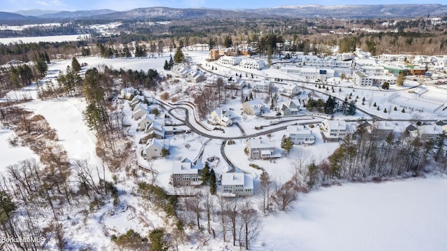 snowy aerial view featuring a mountain view