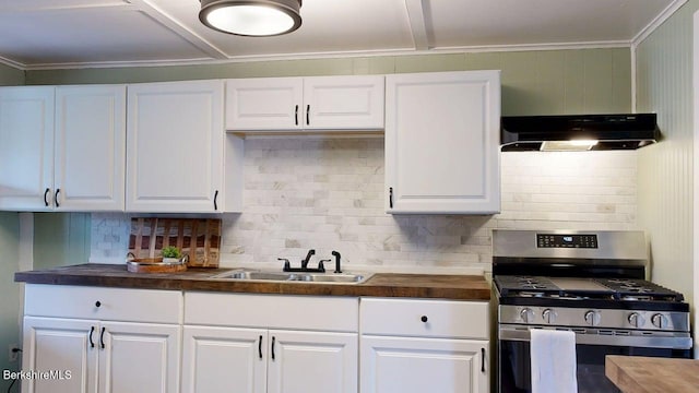 208 Columbia St, Adams, MA 01220 - kitchen with wood counters, a sink, under cabinet range hood, and gas stove