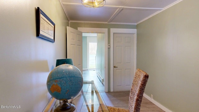 208 Columbia St, Adams, MA 01220 - dining room featuring baseboard heating, baseboards, wood finished floors, and ornamental molding