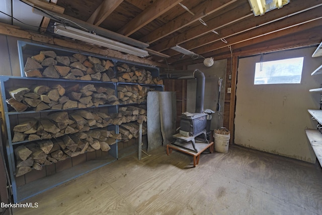 basement with a wood stove