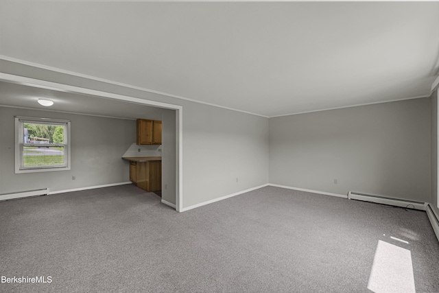 881 Holmes Rd, Pittsfield, MA 01201 - empty room featuring carpet flooring, baseboards, crown molding, a baseboard heating unit, and a baseboard radiator