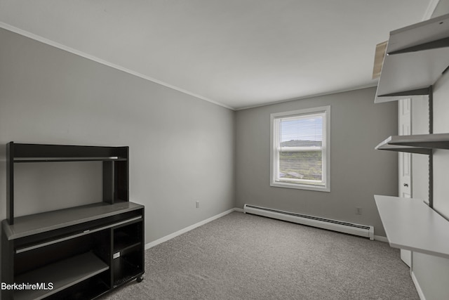 881 Holmes Rd, Pittsfield, MA 01201 - unfurnished living room with carpet floors, a baseboard radiator, baseboards, and crown molding