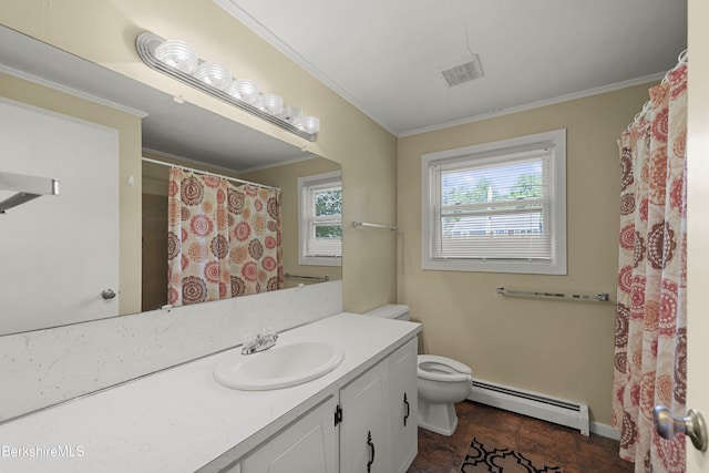 881 Holmes Rd, Pittsfield, MA 01201 - bathroom with baseboard heating, vanity, toilet, crown molding, and baseboards