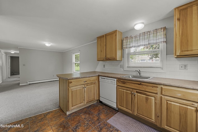 881 Holmes Rd, Pittsfield, MA 01201 - kitchen with white dishwasher, a sink, baseboard heating, a peninsula, and backsplash