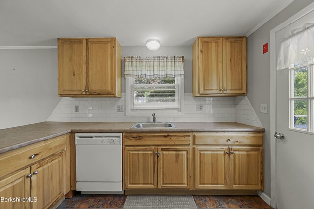 881 Holmes Rd, Pittsfield, MA 01201 - kitchen featuring dishwasher, a sink, tasteful backsplash, and ornamental molding
