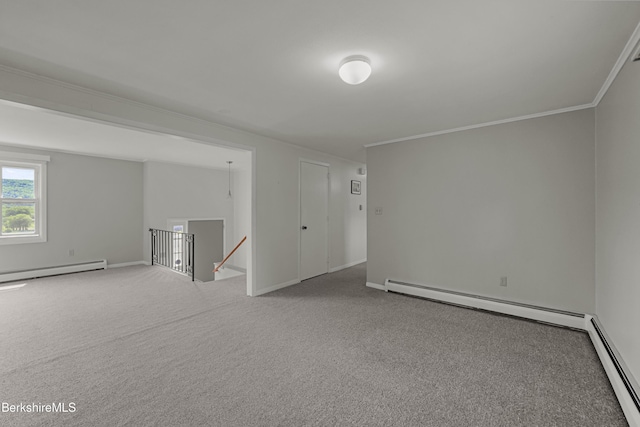 881 Holmes Rd, Pittsfield, MA 01201 - empty room with a baseboard radiator, ornamental molding, carpet flooring, and baseboards