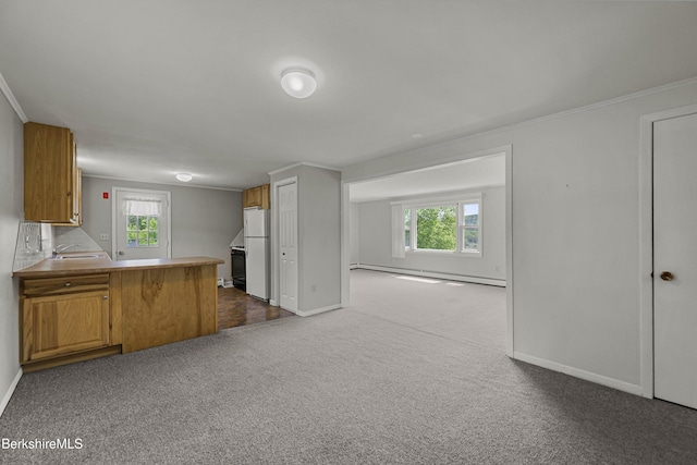 881 Holmes Rd, Pittsfield, MA 01201 - kitchen featuring a baseboard heating unit, brown cabinetry, plenty of natural light, dark carpet, and crown molding