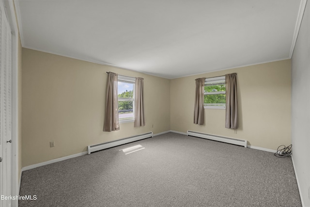 881 Holmes Rd, Pittsfield, MA 01201 - carpeted empty room with a baseboard heating unit, baseboards, and crown molding