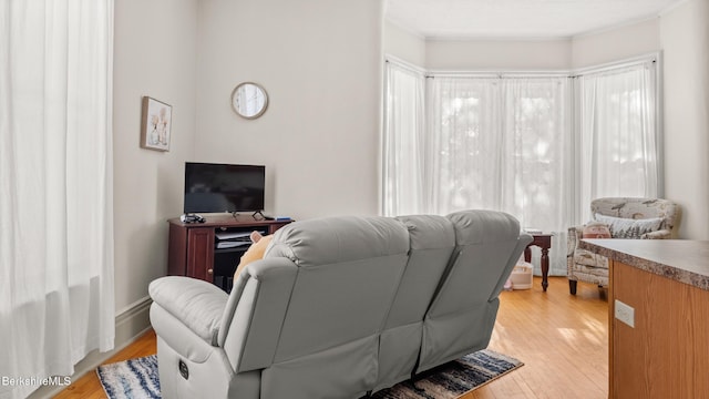 living area featuring light wood-style flooring and baseboards