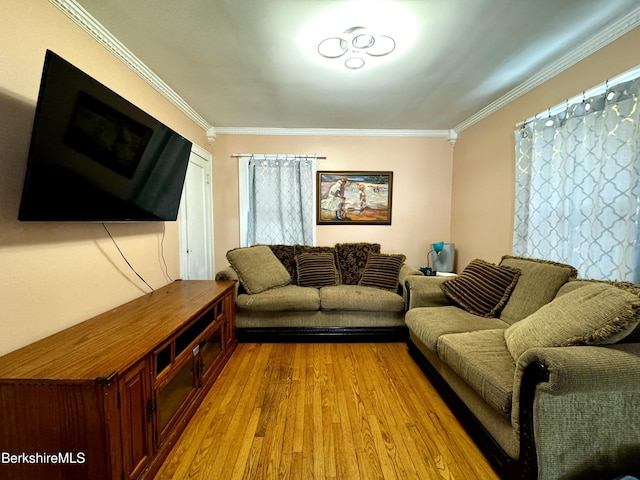 living room with light wood-type flooring and ornamental molding