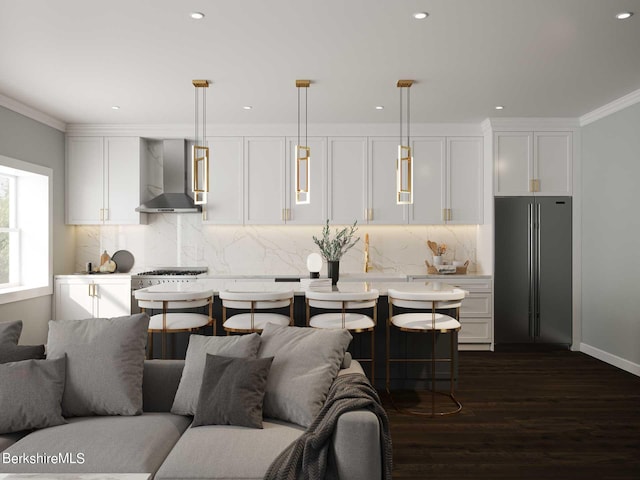 living room featuring dark hardwood / wood-style flooring and crown molding