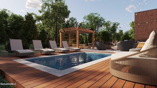 view of swimming pool featuring a pergola, a patio, and a deck