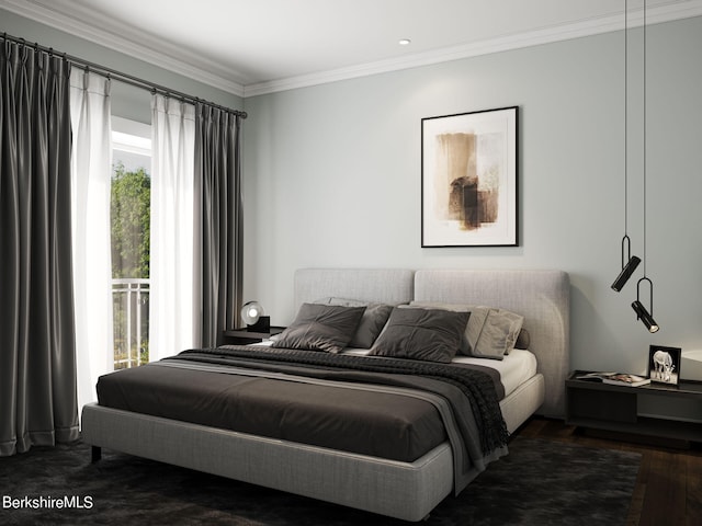 bedroom with dark hardwood / wood-style floors and ornamental molding