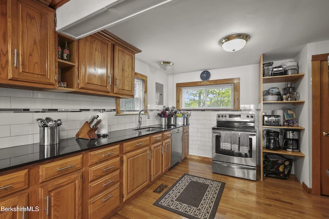123 Bock Way, New Marlborough, MA 01230 - kitchen featuring stainless steel appliances, open shelves, a sink, brown cabinets, and light wood-style flooring