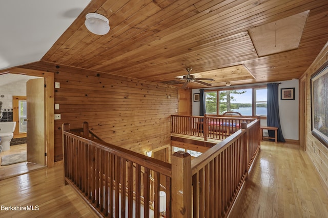 123 Bock Way, New Marlborough, MA 01230 - hallway featuring an upstairs landing, wooden ceiling, light wood-style flooring, lofted ceiling, and wood walls
