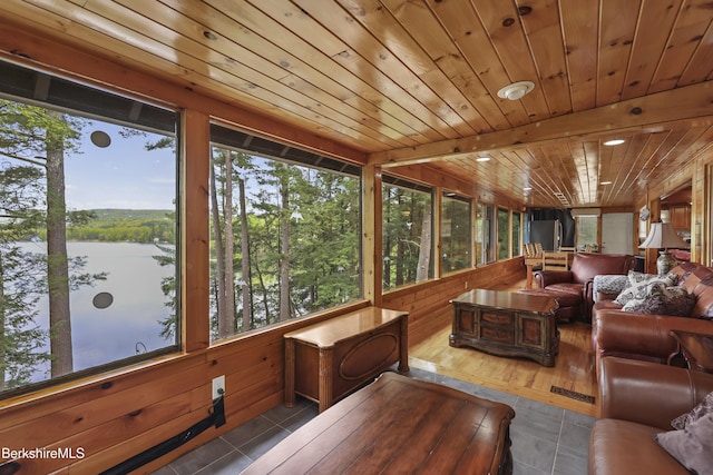 123 Bock Way, New Marlborough, MA 01230 - sunroom with a water view, plenty of natural light, tile patterned flooring, and wooden ceiling