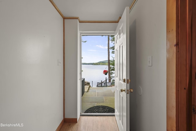 123 Bock Way, New Marlborough, MA 01230 - doorway with a water view, baseboards, ornamental molding, and wood finished floors