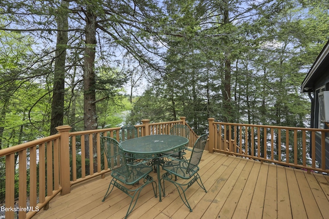 123 Bock Way, New Marlborough, MA 01230 - wooden deck featuring outdoor dining area and view of scattered trees