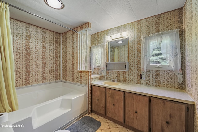 159 Black Brook Rd, Savoy, MA 01256 - bathroom with a bath, wallpapered walls, vanity, healthy amount of natural light, and tile patterned floors