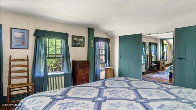 bedroom with lofted ceiling