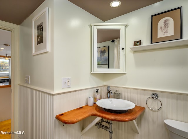 bathroom with sink, vaulted ceiling, and toilet