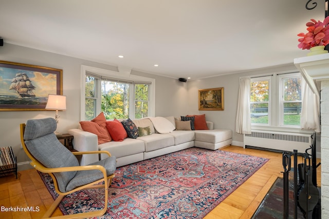 living room with radiator, wood-type flooring, and ornamental molding