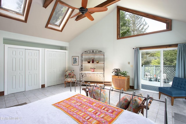 311 N Plain Rd, Great Barrington, MA 01236 - tiled bedroom with high vaulted ceiling, access to exterior, a skylight, two closets, and baseboards