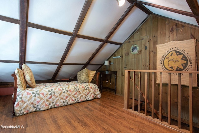 311 N Plain Rd, Great Barrington, MA 01236 - bedroom featuring vaulted ceiling, wooden walls, and wood finished floors