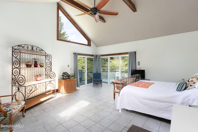 311 N Plain Rd, Great Barrington, MA 01236 - bedroom featuring high vaulted ceiling, access to exterior, beam ceiling, tile patterned flooring, and ceiling fan