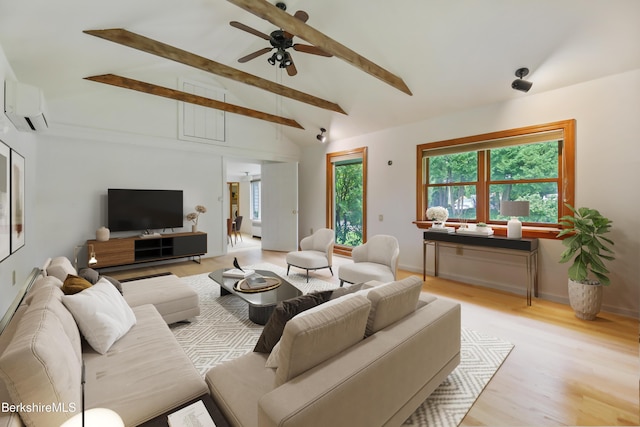 living room featuring an AC wall unit, vaulted ceiling with beams, ceiling fan, and light hardwood / wood-style floors