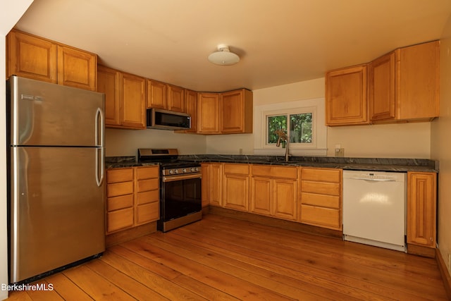 kitchen with sink, light hardwood / wood-style flooring, and appliances with stainless steel finishes