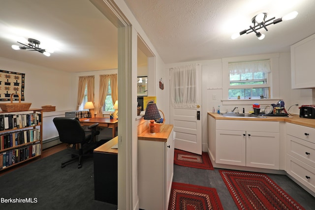 49 Main St, Stockbridge, MA 01262 - kitchen featuring butcher block counters, a baseboard heating unit, and white cabinets