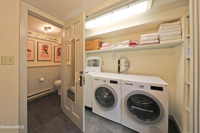 49 Main St, Stockbridge, MA 01262 - washroom featuring baseboard heating, independent washer and dryer, wainscoting, and dark tile patterned flooring