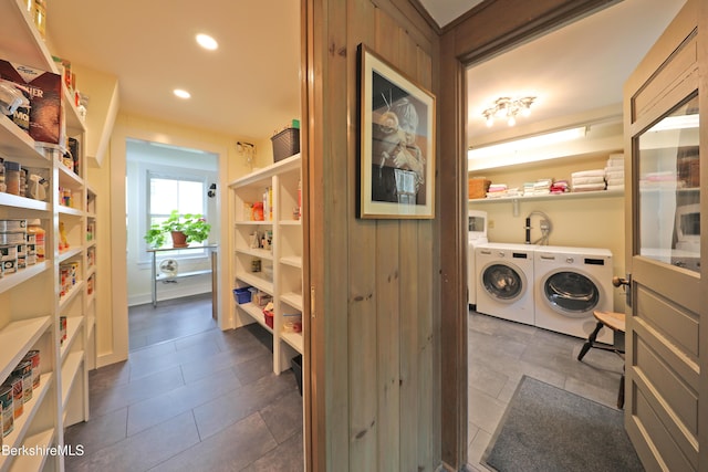 49 Main St, Stockbridge, MA 01262 - laundry room with washer and dryer, recessed lighting, and dark tile patterned flooring