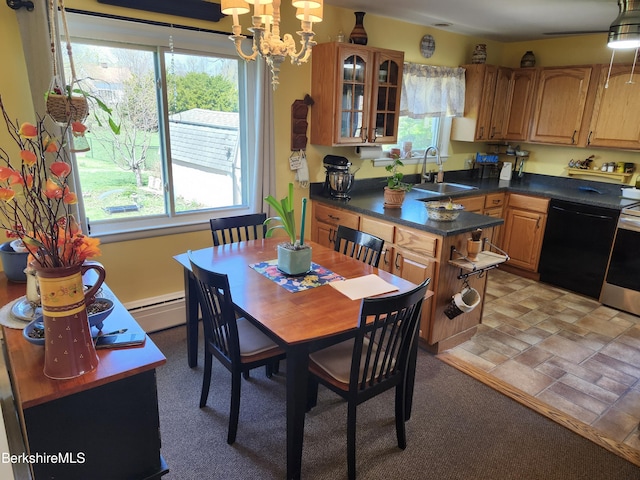 dining area featuring a baseboard radiator and a notable chandelier