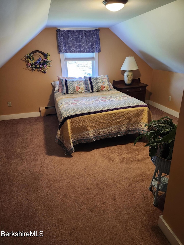 bedroom featuring carpet floors, baseboards, lofted ceiling, and a baseboard radiator