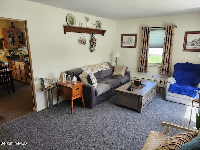 living room with carpet and a baseboard heating unit