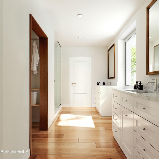 bathroom with vanity, wood-type flooring, and toilet