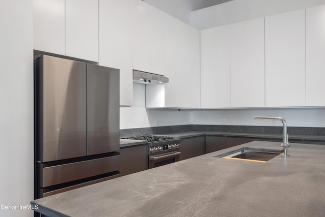 kitchen with white cabinetry, sink, stainless steel appliances, and ventilation hood