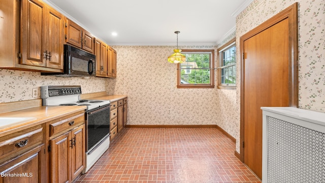 50 Harding St, Pittsfield, MA 01201 - kitchen with white electric stove, black microwave, wallpapered walls, brick patterned floors, and light countertops