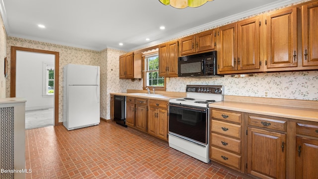 50 Harding St, Pittsfield, MA 01201 - kitchen with black appliances, crown molding, light countertops, wallpapered walls, and brick patterned floors
