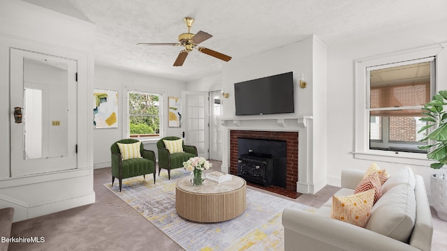 50 Harding St, Pittsfield, MA 01201 - carpeted living room with ceiling fan and a textured ceiling