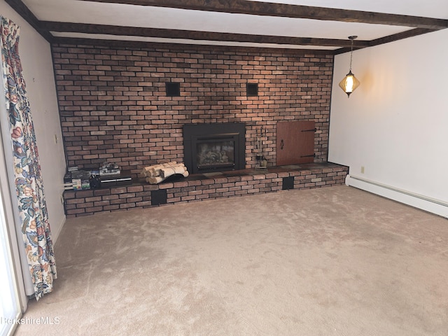 unfurnished living room featuring a baseboard heating unit, carpet, a fireplace, and beamed ceiling