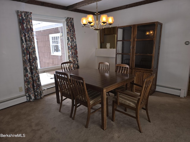 dining room with dark colored carpet, baseboard heating, beamed ceiling, and a notable chandelier