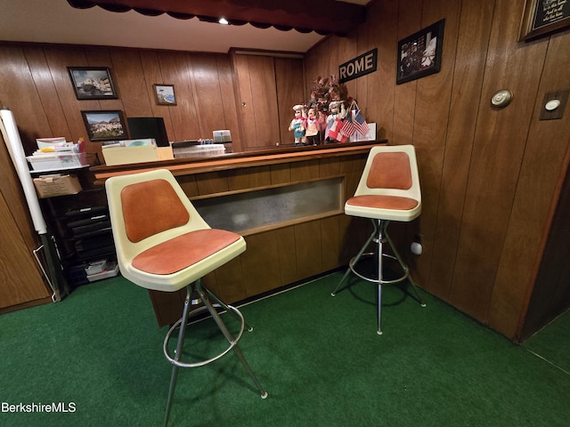 bar with dark colored carpet, wooden walls, and a dry bar