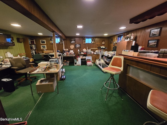 miscellaneous room with a dry bar, carpet flooring, and recessed lighting