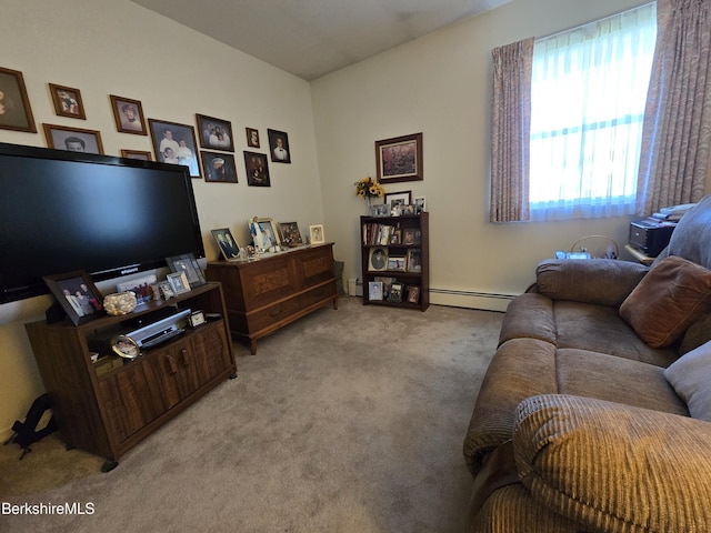 living area featuring light carpet and a baseboard radiator