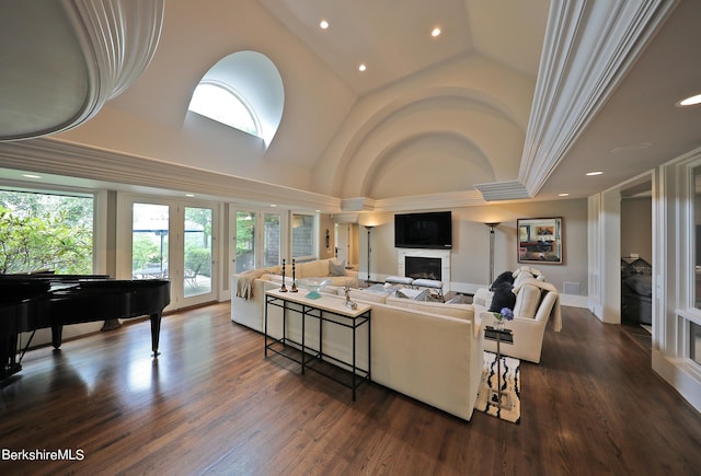 living room with french doors, high vaulted ceiling, and dark hardwood / wood-style floors