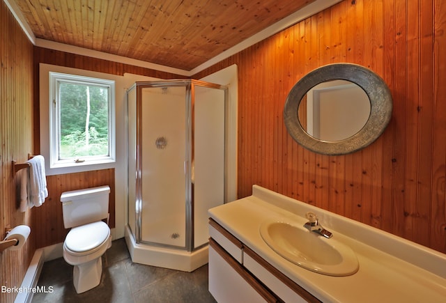 bathroom featuring an enclosed shower and wooden walls